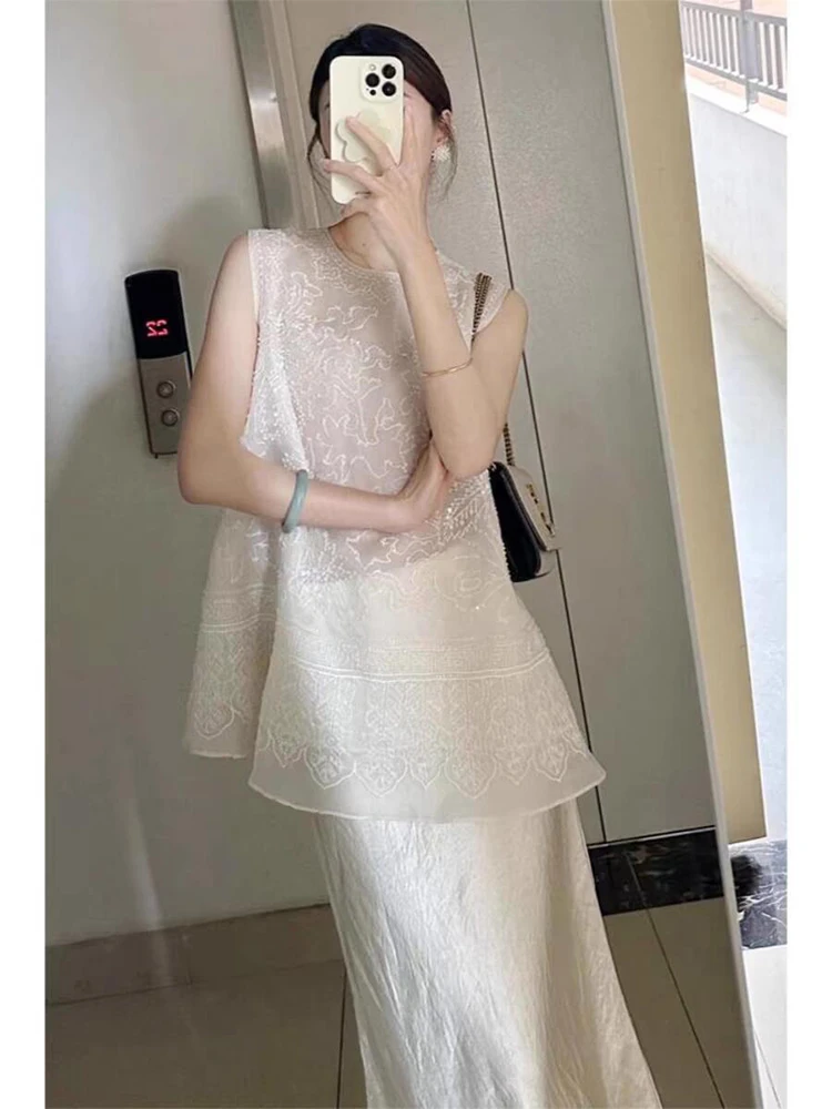 时尚无袖上衣半身裙两件套装夏季高端精致气质女神范高级感温柔风