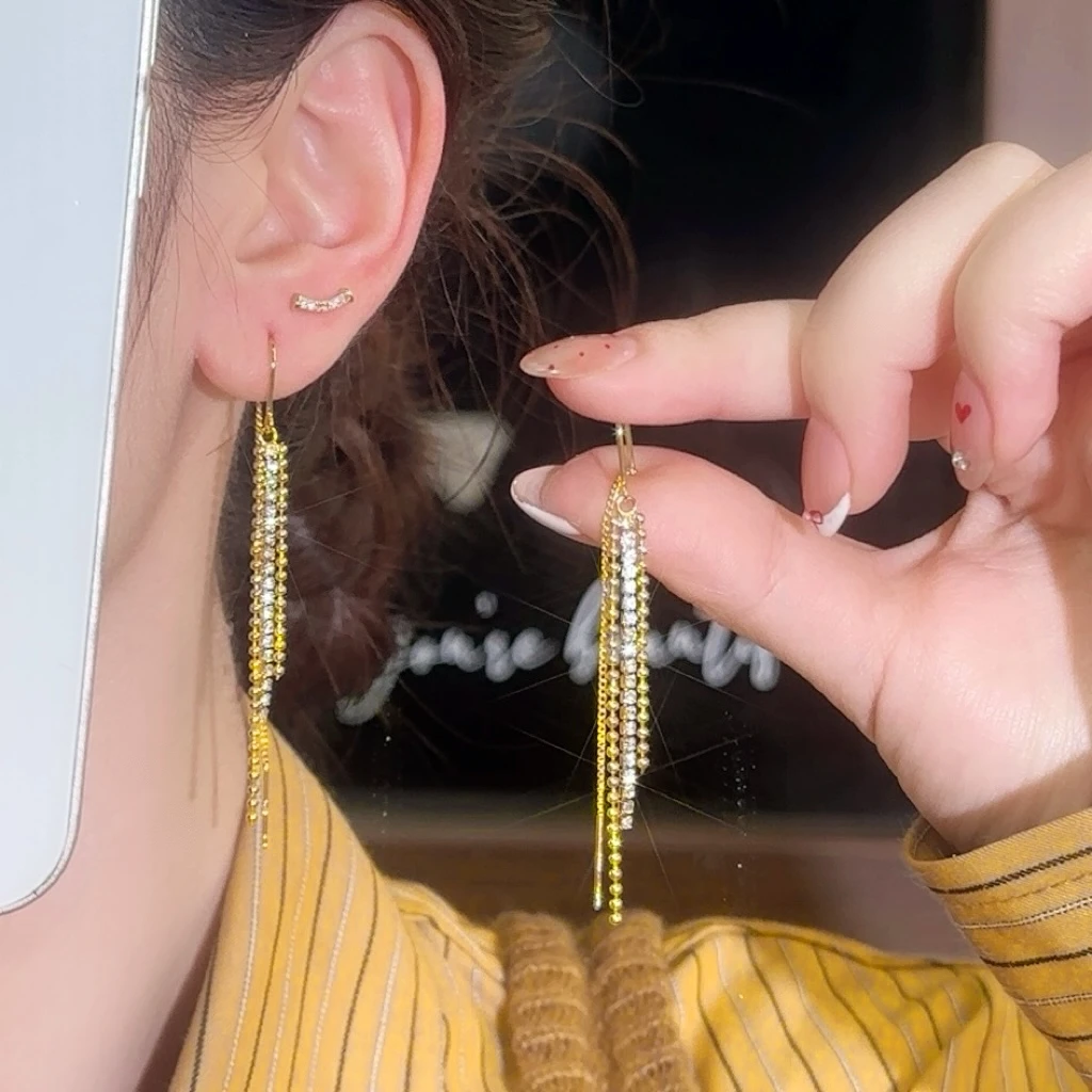 S925银针金色链条流苏耳线轻奢高级感小众ins