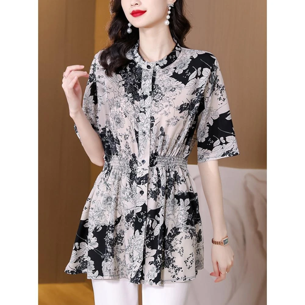 中长款雪纺衬衫女夏季2025新款大码宽松遮肚洋气上衣小衫短袖衬衣