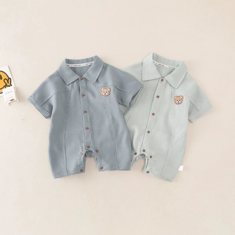 新生婴儿夏季A类套纹新生儿幼儿卡通风爬服韩版翻领男女宝宝外出