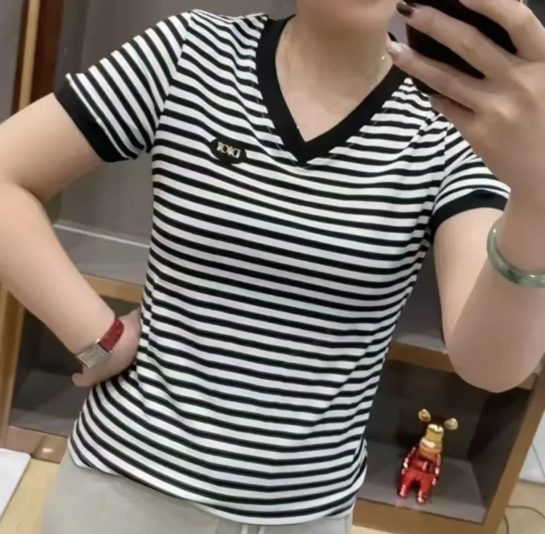 半袖V领时尚吸汗常规抗皱短袖条纹T恤女士扎染圆领2