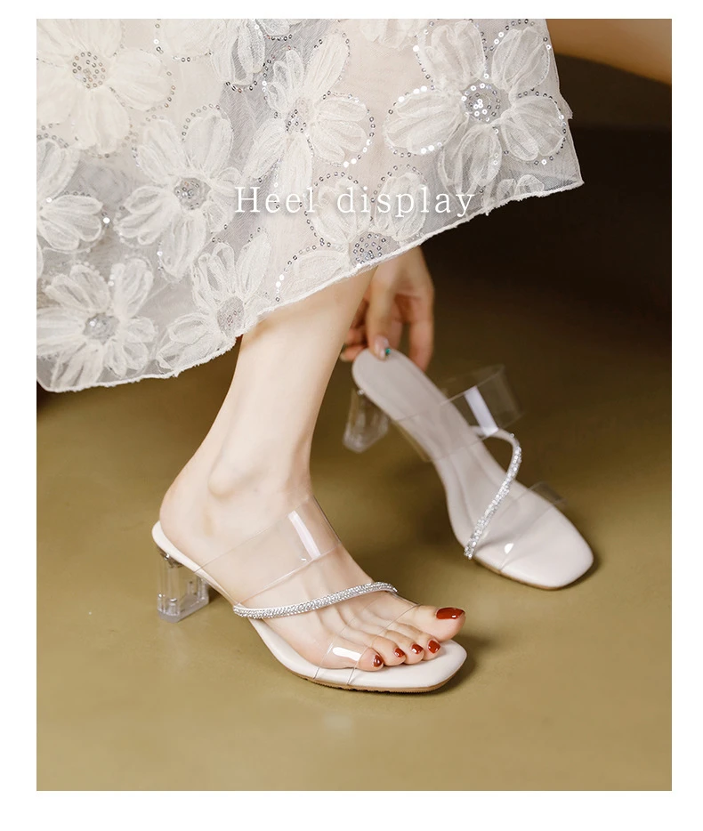 2025年夏季新款水晶粗跟时尚百搭踩屎感钻带透明千金鞋子名媛风