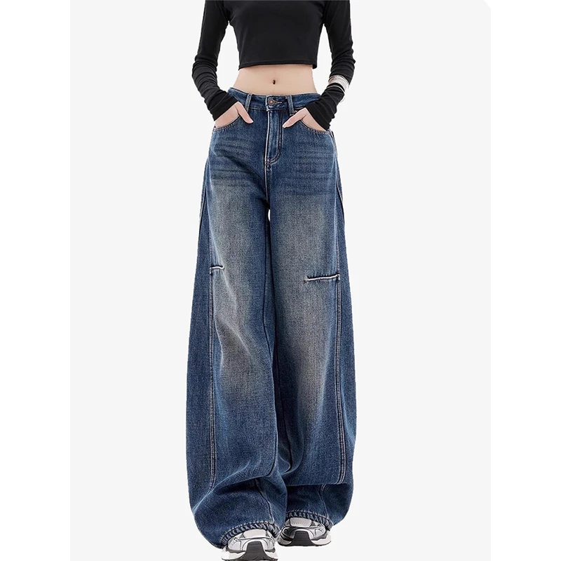 美式复古蓝色弯刀牛仔裤女冬季2025新款低腰镰刀宽松拖地阔腿裤子