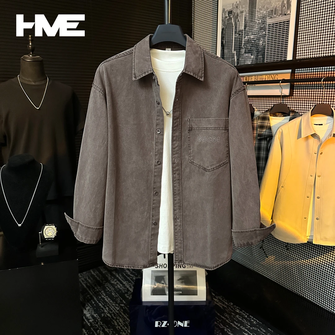 【HMEYAO】原创秋季复古刺绣明线口袋纯棉衬衫时尚百搭拼接衬衣外套