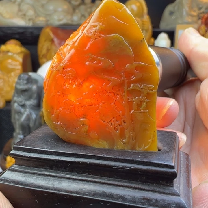 寿山石直播间福利摆件田黄带丝雕刻山水《伯牙鼓琴》