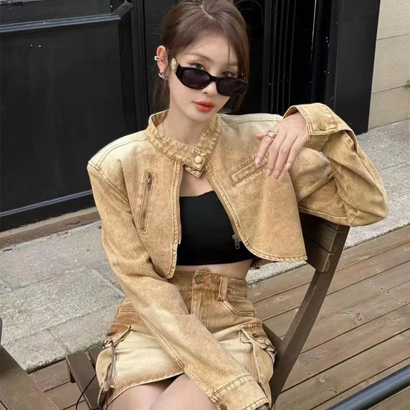 2025夏季性感辣妹复古美式短款露腰设计长袖外套+高腰包臀短裙女