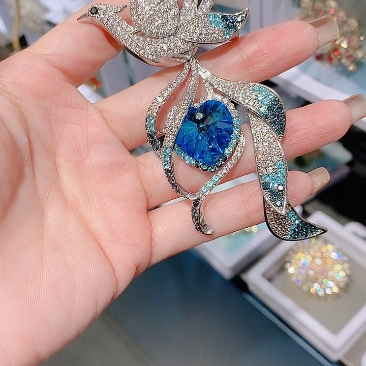 锆石铜合金高档凤凰胸针 蓝色
