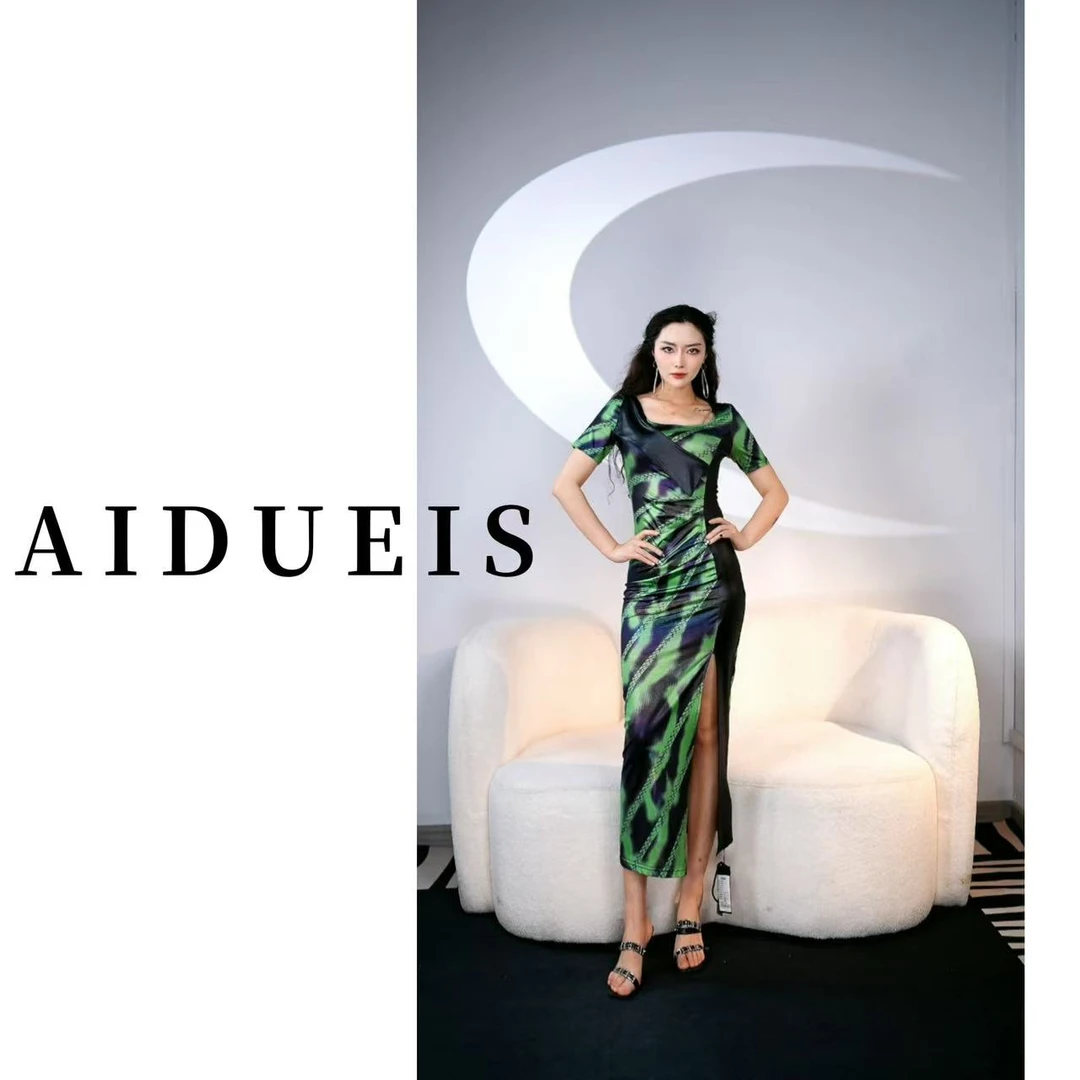 AIdueis【碧波荡漾】时尚拼接气质连衣裙优雅长裙斜肩设计师329