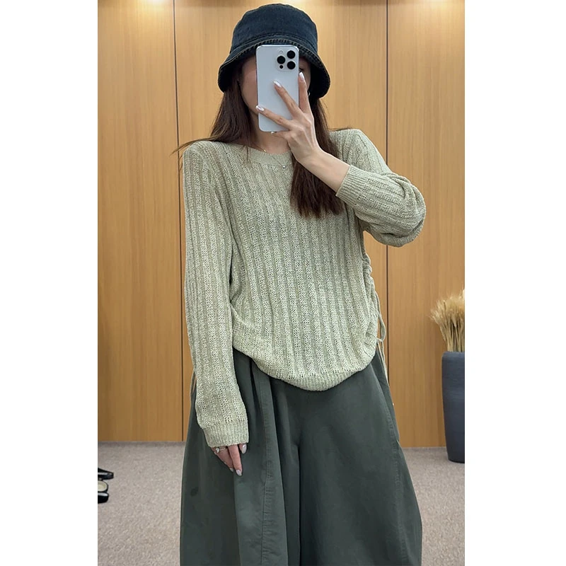 2025秋装新款胖mm大码女针织上衣薄款宽松显瘦纯色慵懒风镂空毛衣