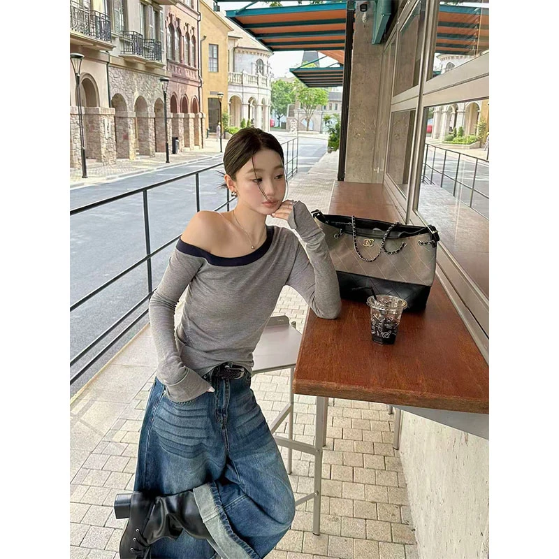 早秋季新款修身显瘦网红穿搭设计感小众露肩上衣休闲简约宽松长裤