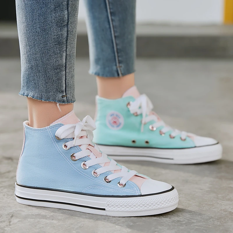 人本高帮帆布鞋女韩版板鞋经典复古鸳鸯拼色鞋2227