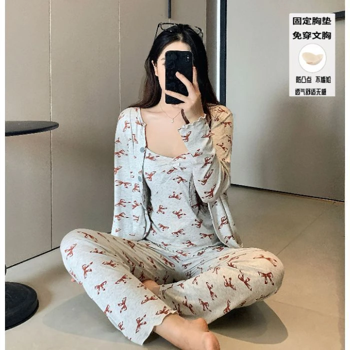 春秋季三件套带胸垫卡通印花睡衣家居服套装