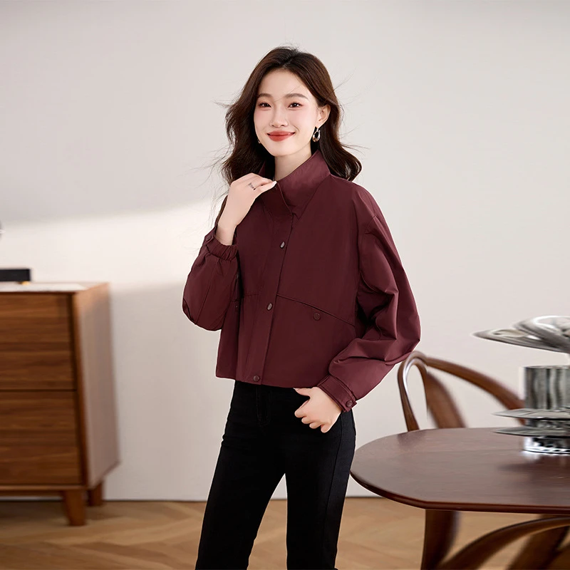 宽松型春秋季新款立领长袖宽松百搭气质休闲上衣女装洋气短外套Y