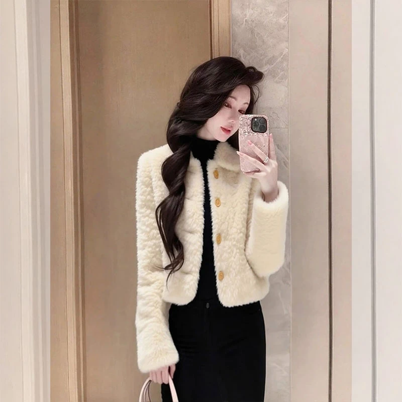 冬季新款毛绒短外套女时尚百搭气质轻熟风女装洋气减龄翻领上衣服