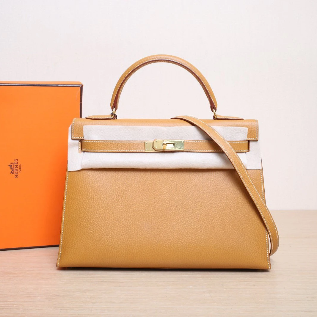 95新 Hermes/爱马仕 花花 kelly 32 21沙滩金 阿登皮 框C 金扣