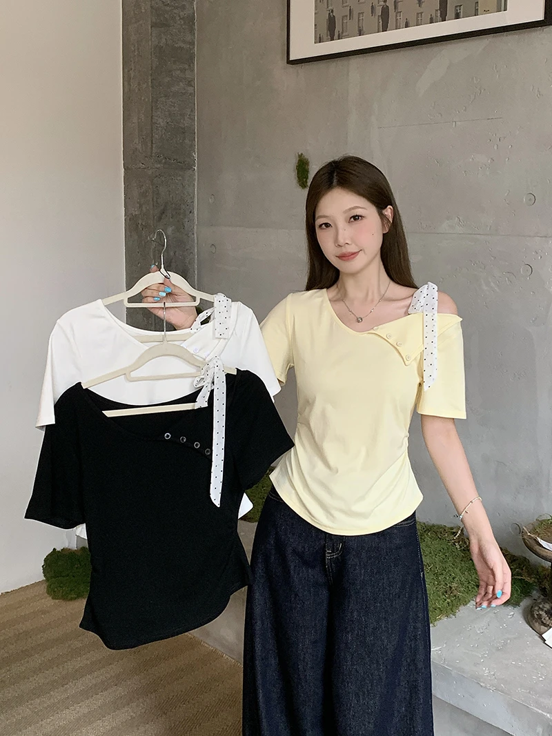 2025夏装新款胖mm大码女设计感蝴蝶结系带露肩弧形短袖T恤 A1384
