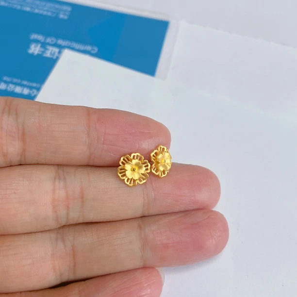 足金999双层花耳钉弯钩时尚亮砂黄金
