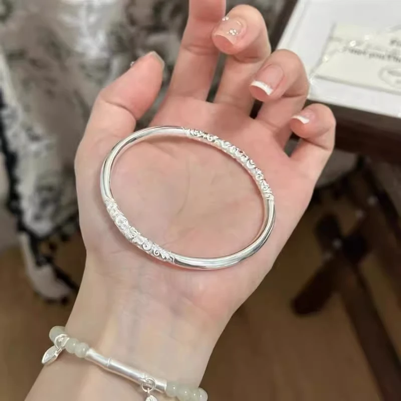 足银手镯 卷草纹银手镯女纯银999亮面闭口实心银镯子情人节送女友
