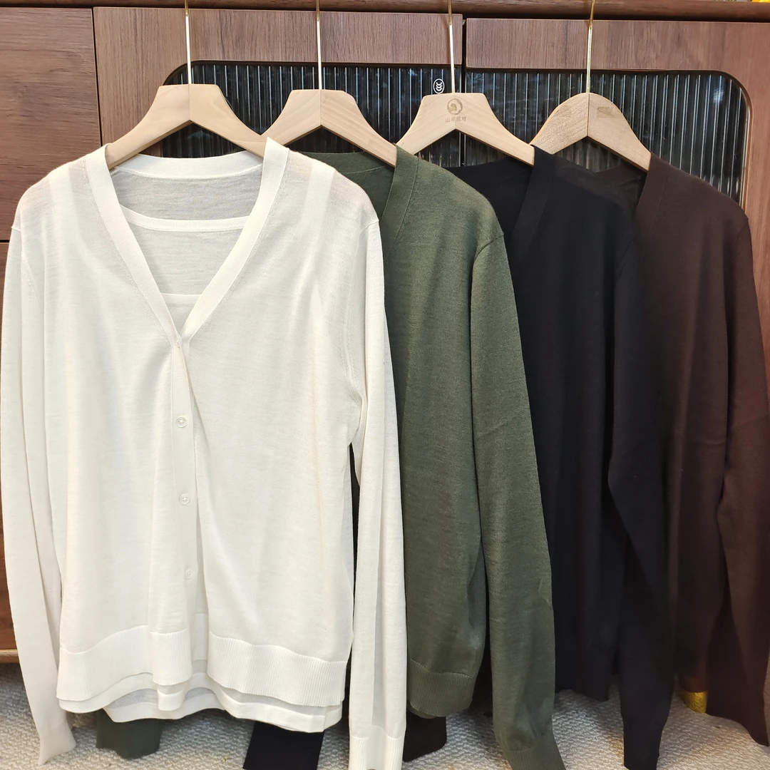 新款“强捻”85支精纺纯山羊绒V领时尚休闲薄款秋季防晒开衫