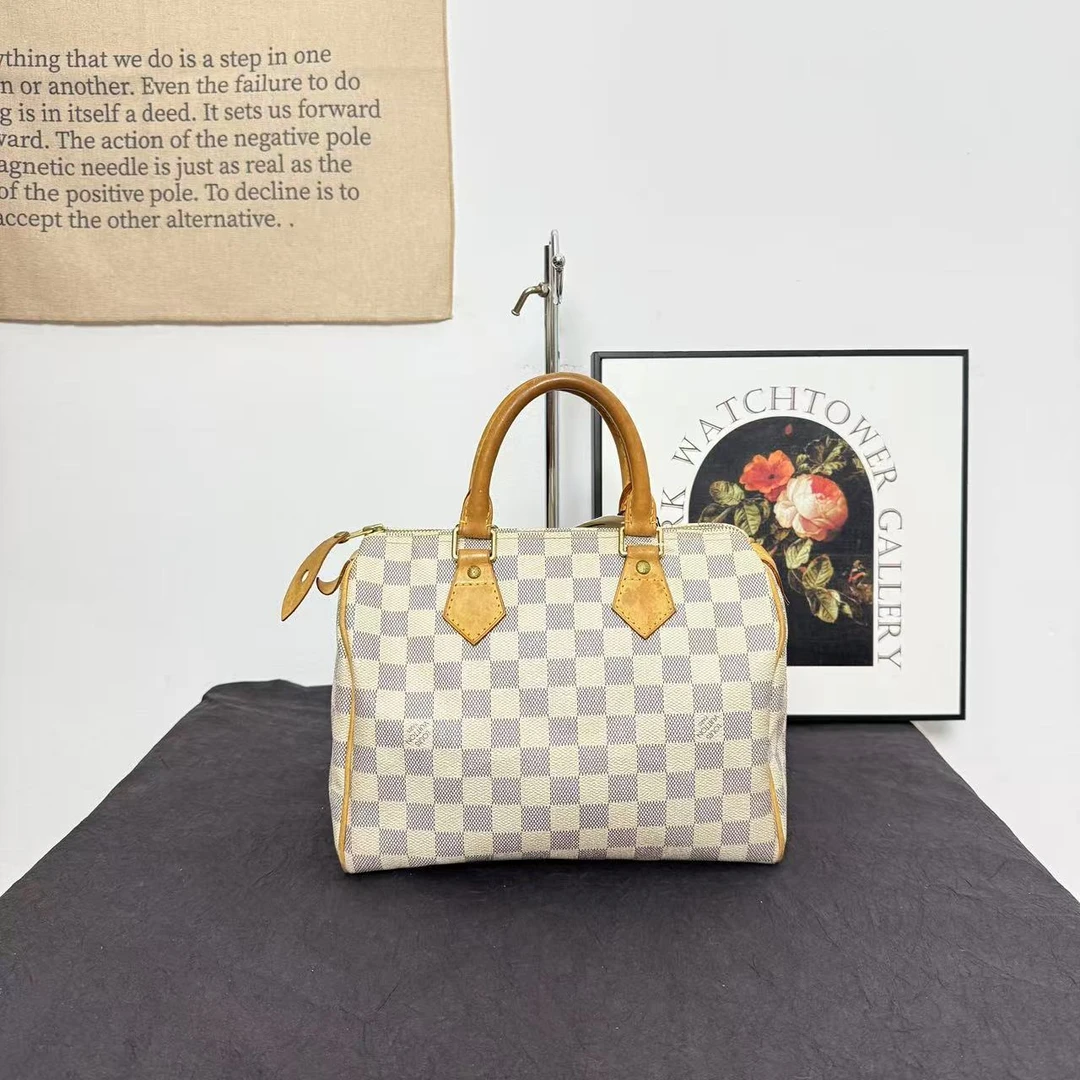95新 LouisVuitton/路易威登 古登中古/LV白棋盘格speedy25手提款