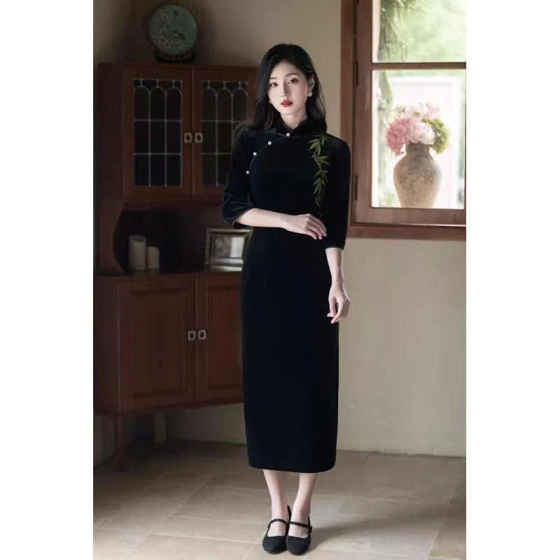 苏故里【竹秋】文艺气质修身高端日常旗袍奢华气质单层衣长120