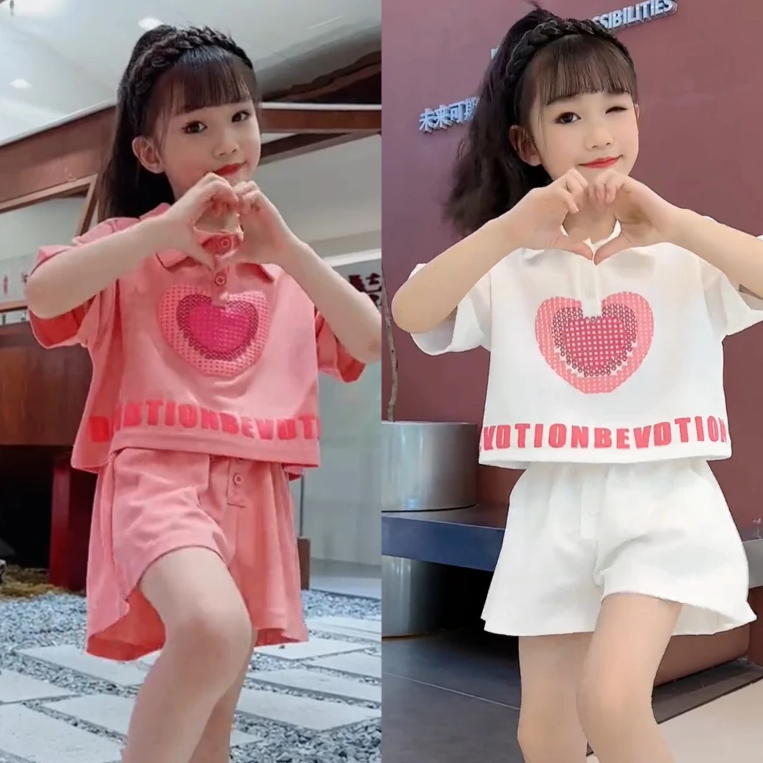 妮妮中大童爱心polo领短袖洋气套装母女网红9-12岁高档女大童衣服
