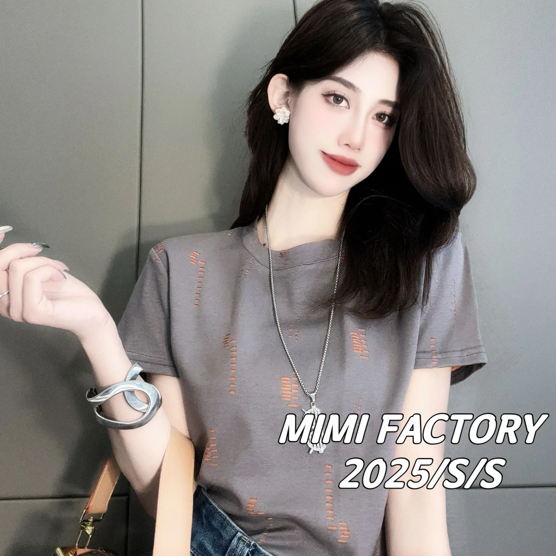 芈芈 2025新款短袖 破洞设计双色面料短袖T恤女修身显瘦上衣2827#