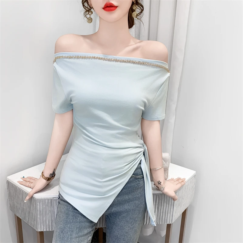 2025重工钉钻短袖t恤女夏季新款设计感不规则绑带别致上衣针织衫