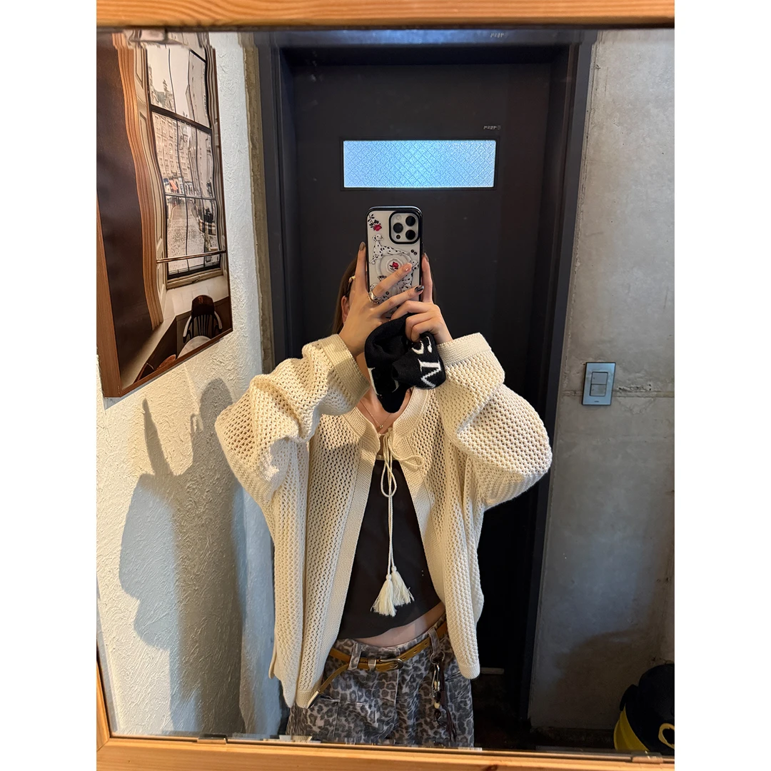 LelyMooch/宽松慵懒感镂空织法流苏系带百搭长袖开衫外套