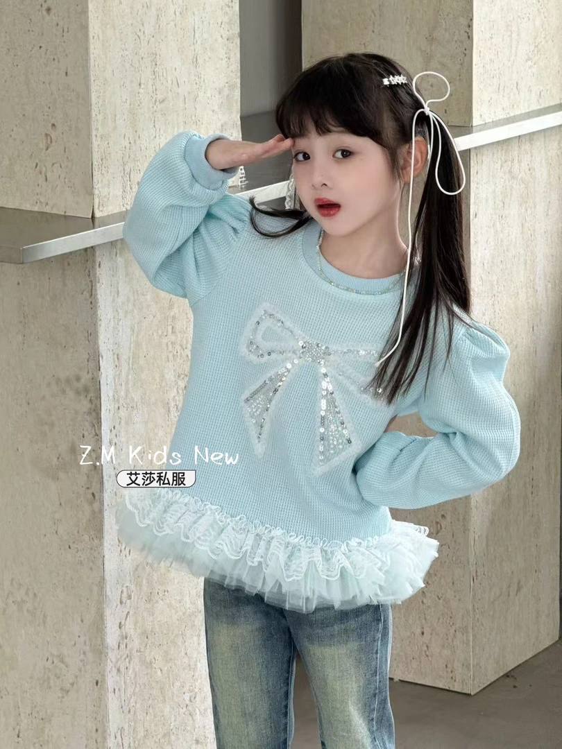 【艾莎私服】2025秋季女童甜美上衣儿童圆领蝴蝶结卫衣B-586202