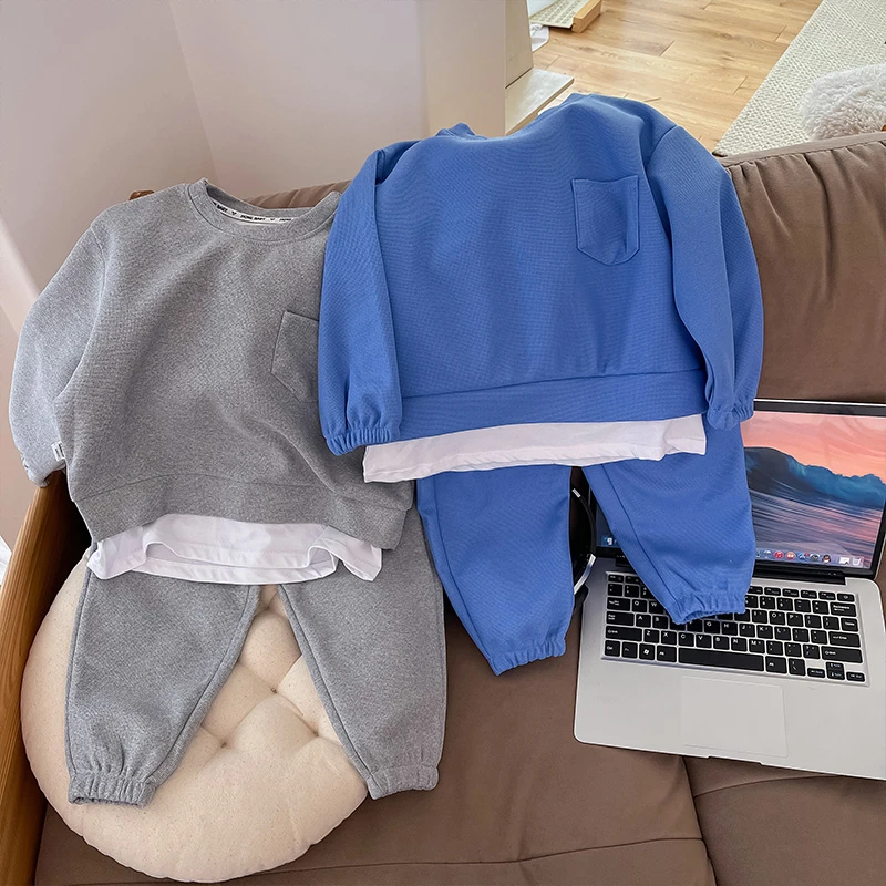 儿童假两件帅气洋气圆领韩版长袖卫衣套装春秋款拼接上衣裤子两件