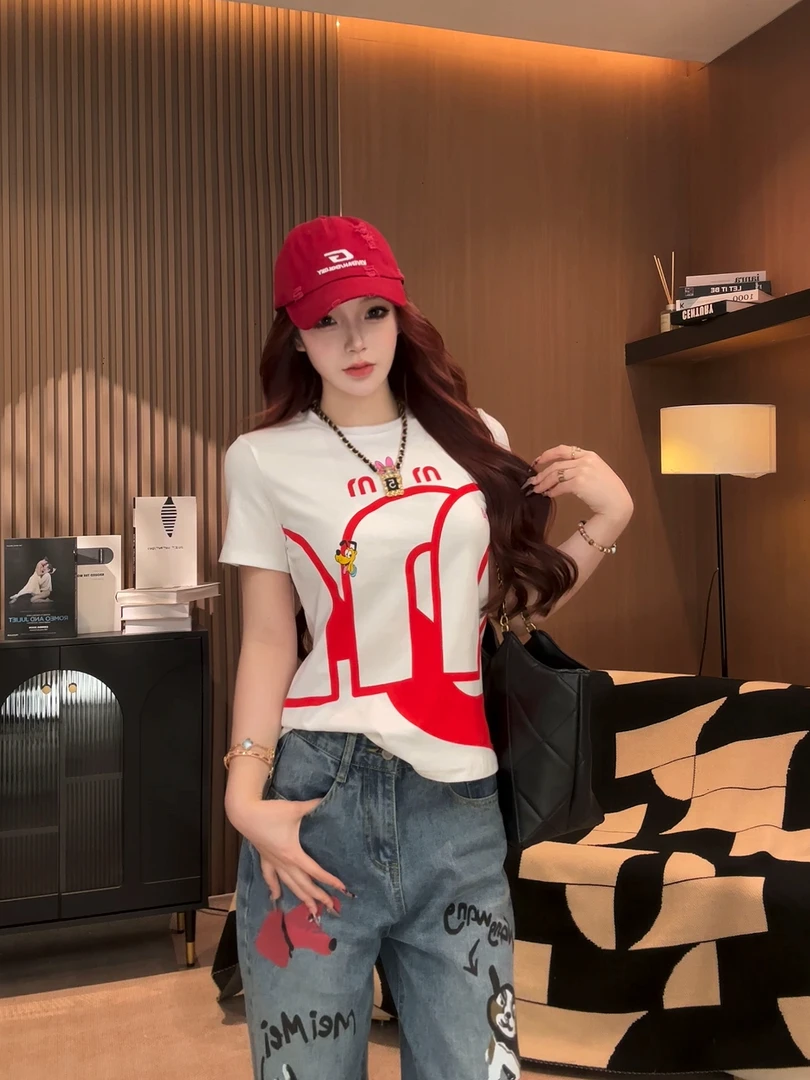 【温迪】2025夏季 新款百搭圆领字母T恤简约显瘦短袖上衣155