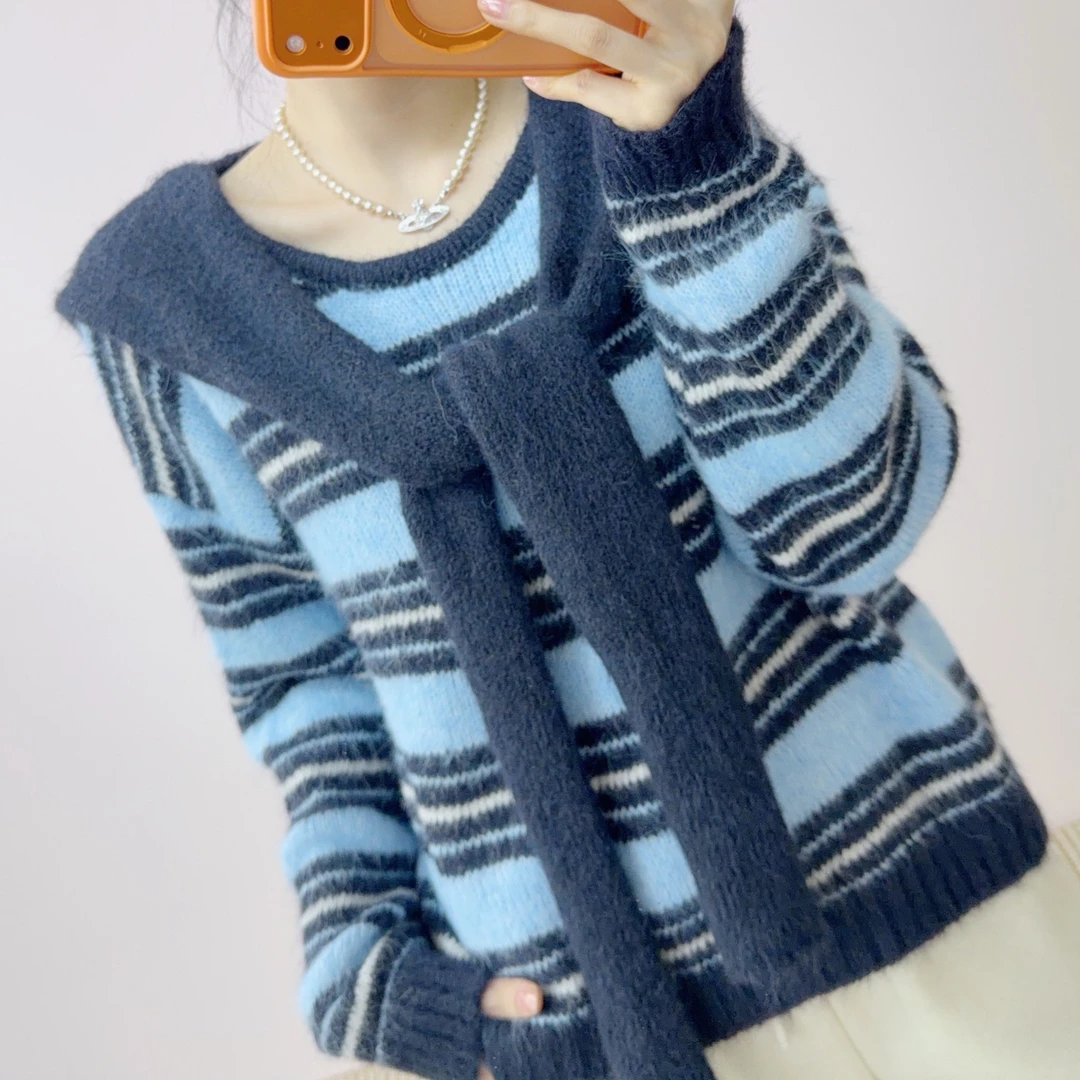 404设计感条纹撞色圆领系披肩两件套毛衣上衣M112404/GJ