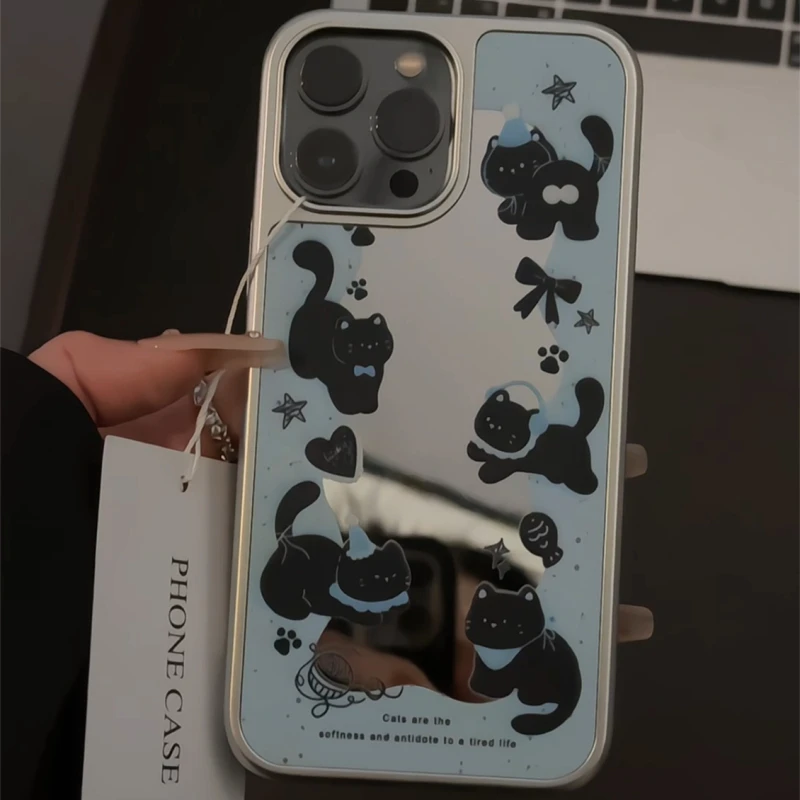 适用苹果16电镀相框手机壳iPhone15简约镜面奶蓝色调小黑猫小米15