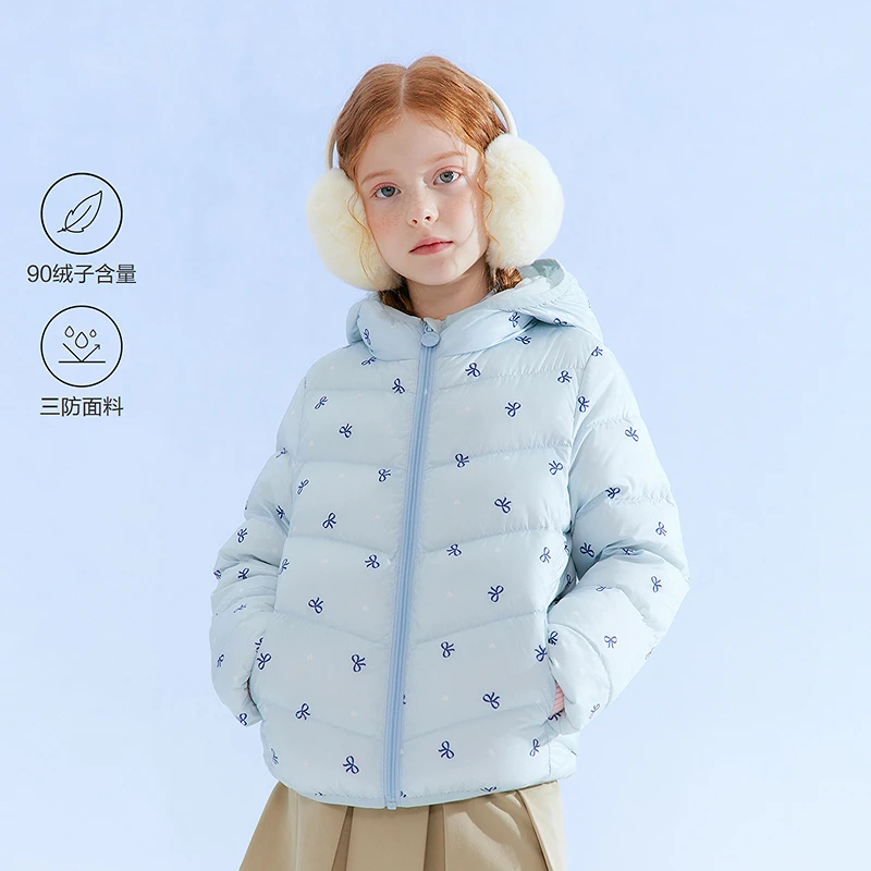 笛莎童装女童儿童羽绒服25新款轻薄洋气90绒休闲三防印花连帽外套