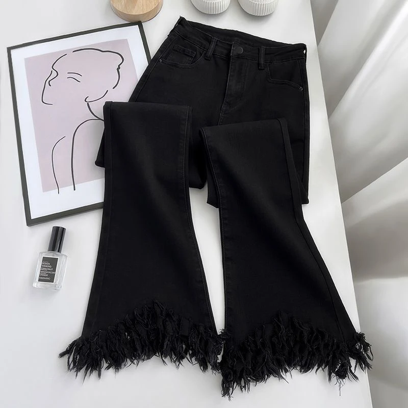 毛边微喇牛仔裤2025秋季新款高腰显瘦修身弹力流苏九分黑色喇叭裤