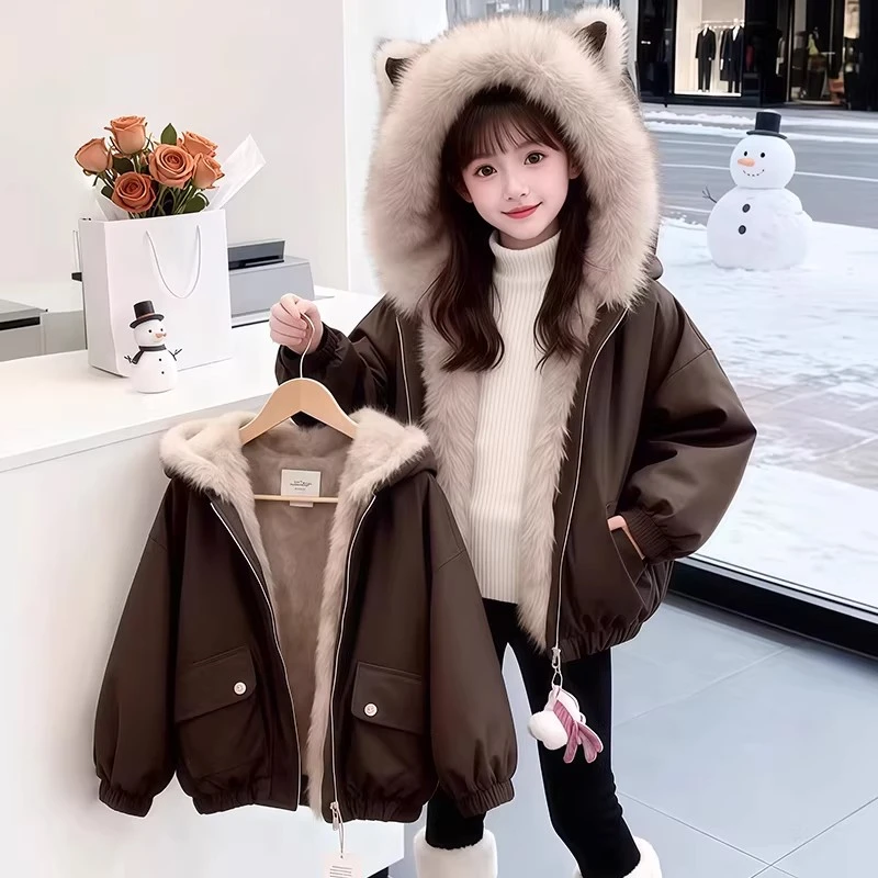 女童加绒外套秋冬款2025新款儿童洋气双面穿上衣冬季女孩韩版皮衣