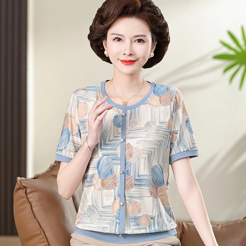夏季新款妈妈装短袖T恤时尚透气奶奶衣服薄款圆领碎花上衣