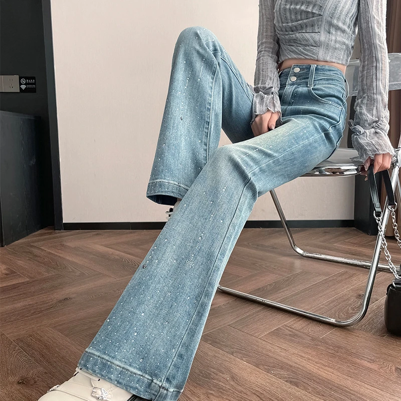 满天星带钻喇叭牛仔裤女长裤春秋季新款修身弹力显瘦烫钻拖地裤子