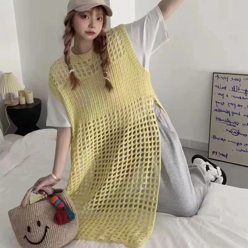 韩国设计款镂空针织网格连衣裙女叠穿氛围感背心裙春夏无袖马甲裙