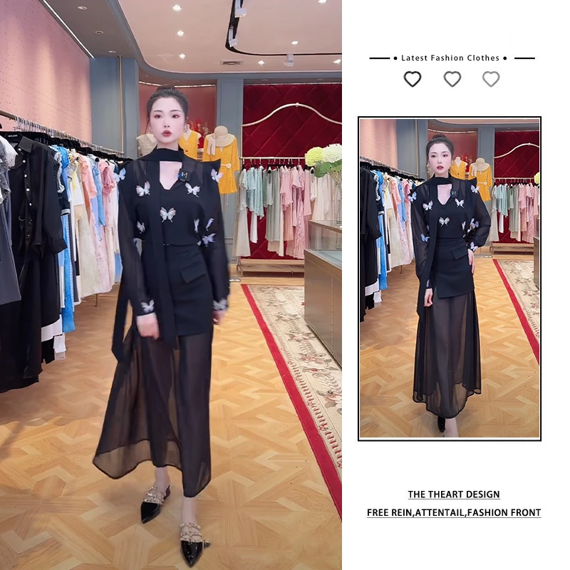 【浅浅专属】夏季气质女装设计感蝴蝶长袖防晒雪纺上衣半身裙套装