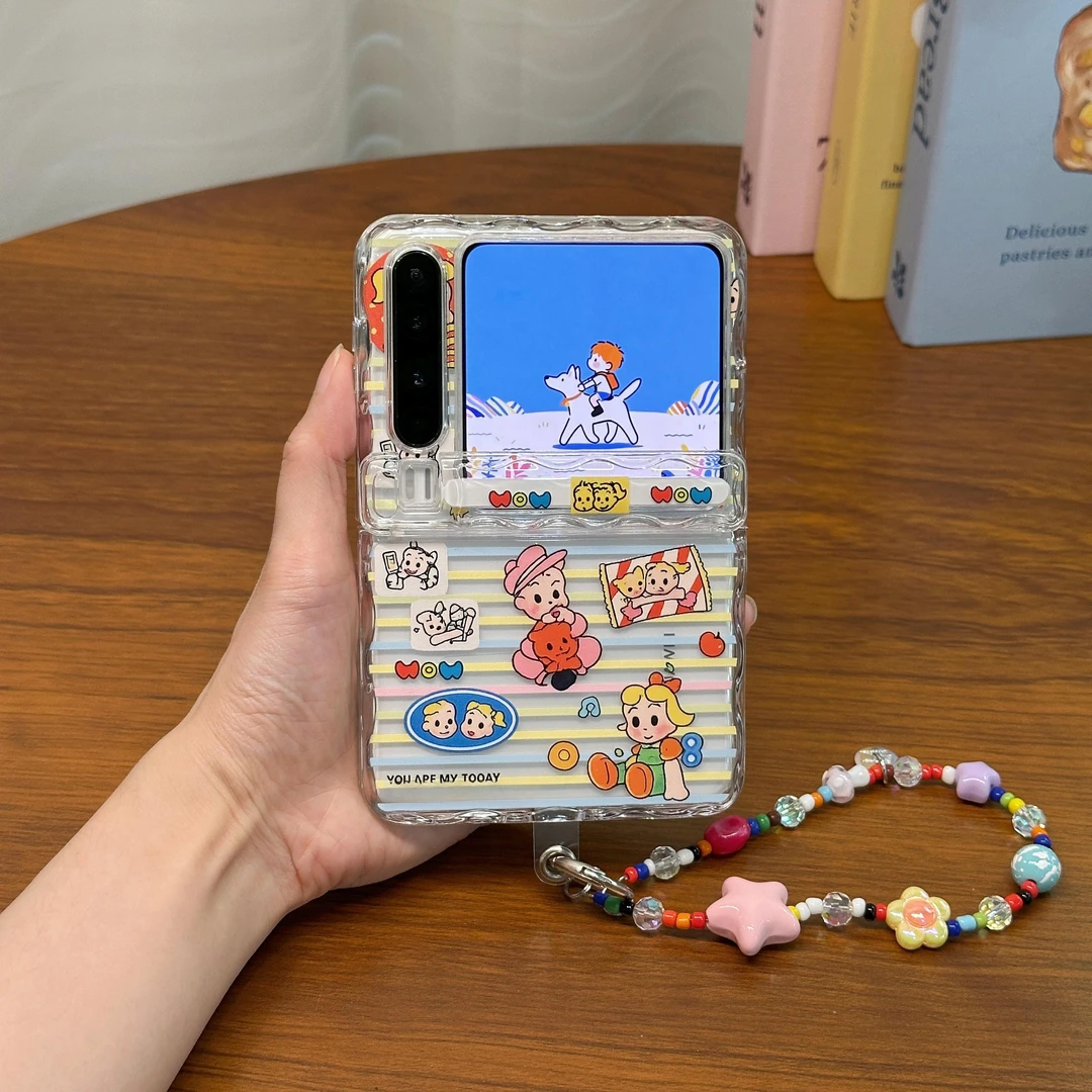 适用华为PuraX手机壳pocket2折叠屏可爱黄色条纹原田治全包保护套