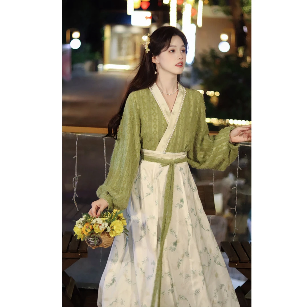 瑶西【寒霜绿枝】春款汉服新中式裙子新国风女装两件套气质日常套装