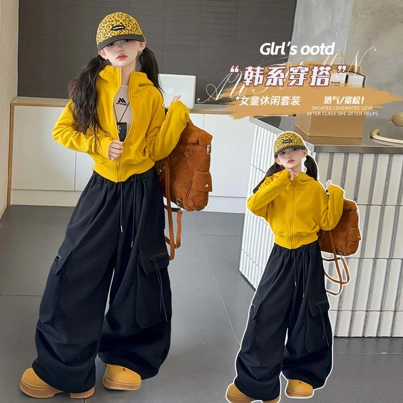 女童套装2025春秋新款韩系连帽卫衣外套工装裤中大童运动休闲潮酷