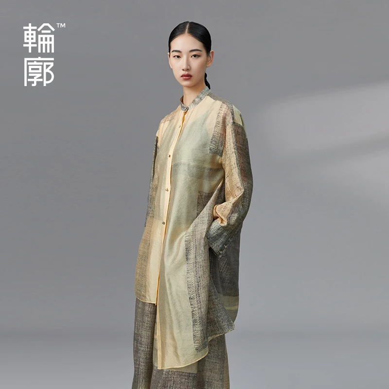 轮廓金沙新中式清冷感衬衫L233Y011早秋不对称设计飘逸印花衬衣女