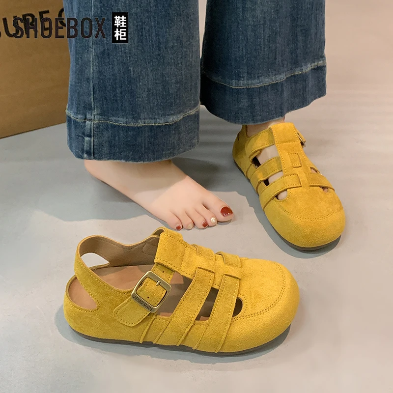 SHOEBOX鞋柜勃肯鞋女2025夏季新款复古森系包头凉鞋镂空透气单鞋