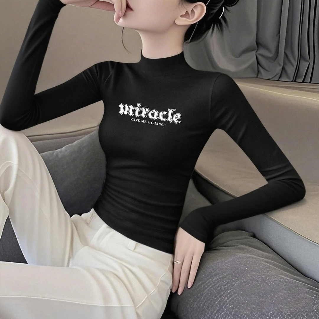 黑色时尚百搭打底衫女半高领莫代尔字母印花修身显瘦秋冬长袖上衣