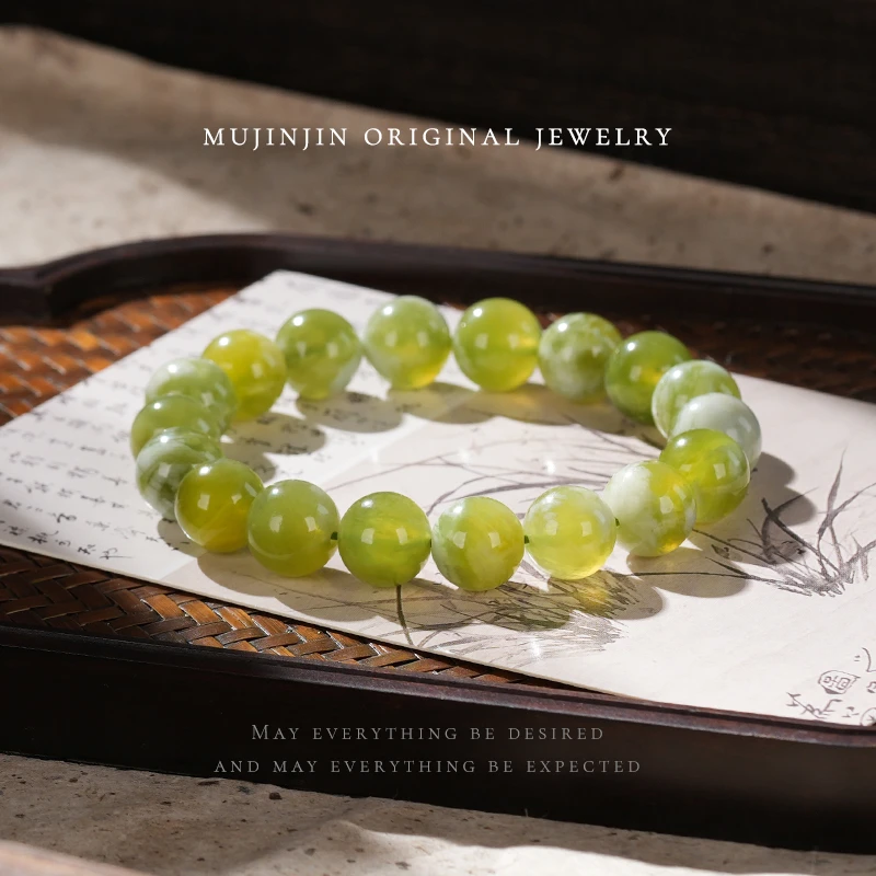 【木槿槿】天然岫玉11mm+手串女款串珠绿色单圈时尚闺蜜手链YW1517