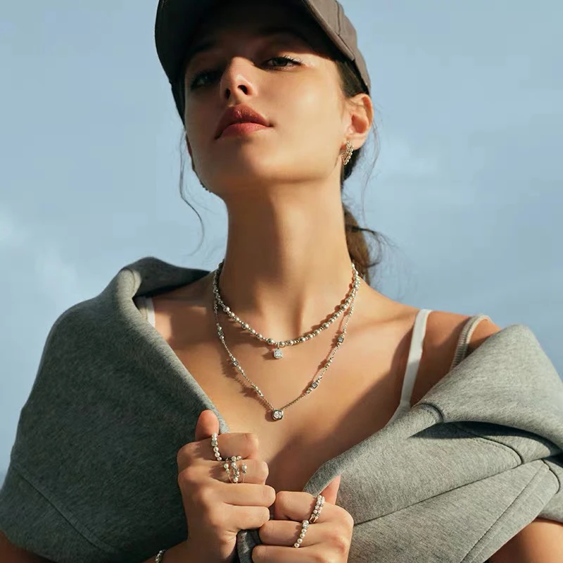 铜合金仿珍珠锆石吊坠 坠链设计感法式叠戴简约风欧美女