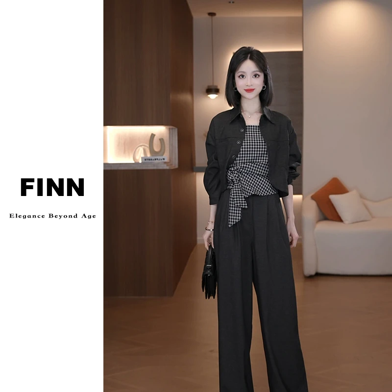 秋季新款时尚套装阔腿休闲风度假风休闲黑色富家千金风初恋风8252